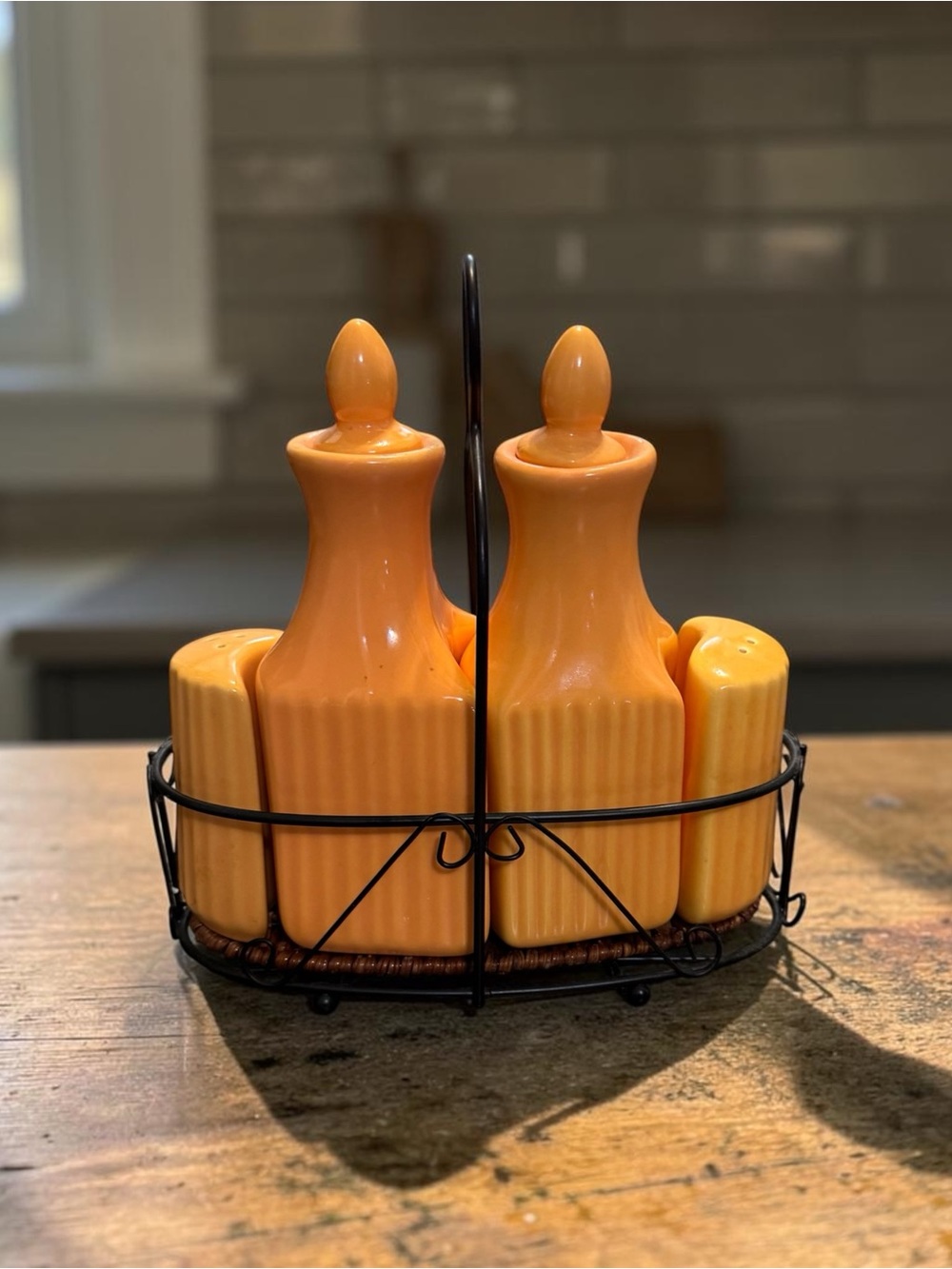 Temptations Orange Ceramic Cruet Set W/ Wire Caddy NEW
